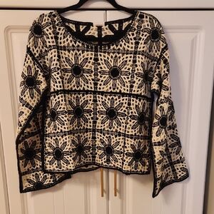 ME  Black and White Floral Crochet Blouse